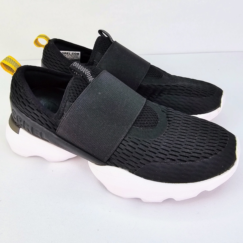 Sorel Kinetic Impact Black White Strap Slip-On Shoes NL4698-010 Womens Size 7